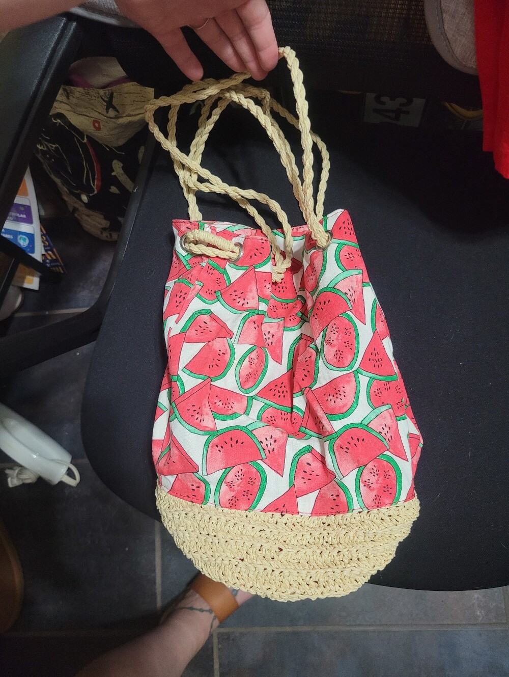 H&M Women’s Watermelon Print Drawstring Bucket Bag with Braided Straw Base